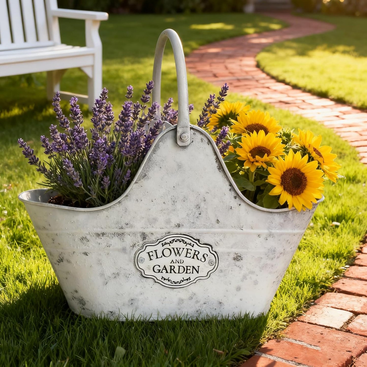 Set of 2 Vintage Metal Planter Pots, "Flowers and Garden" Distressed White Hanging/Tabletop Flower Pots with Handle, Rustic Farmhouse Planters for Indoor Outdoor Succulents, Herbs, Home Decor