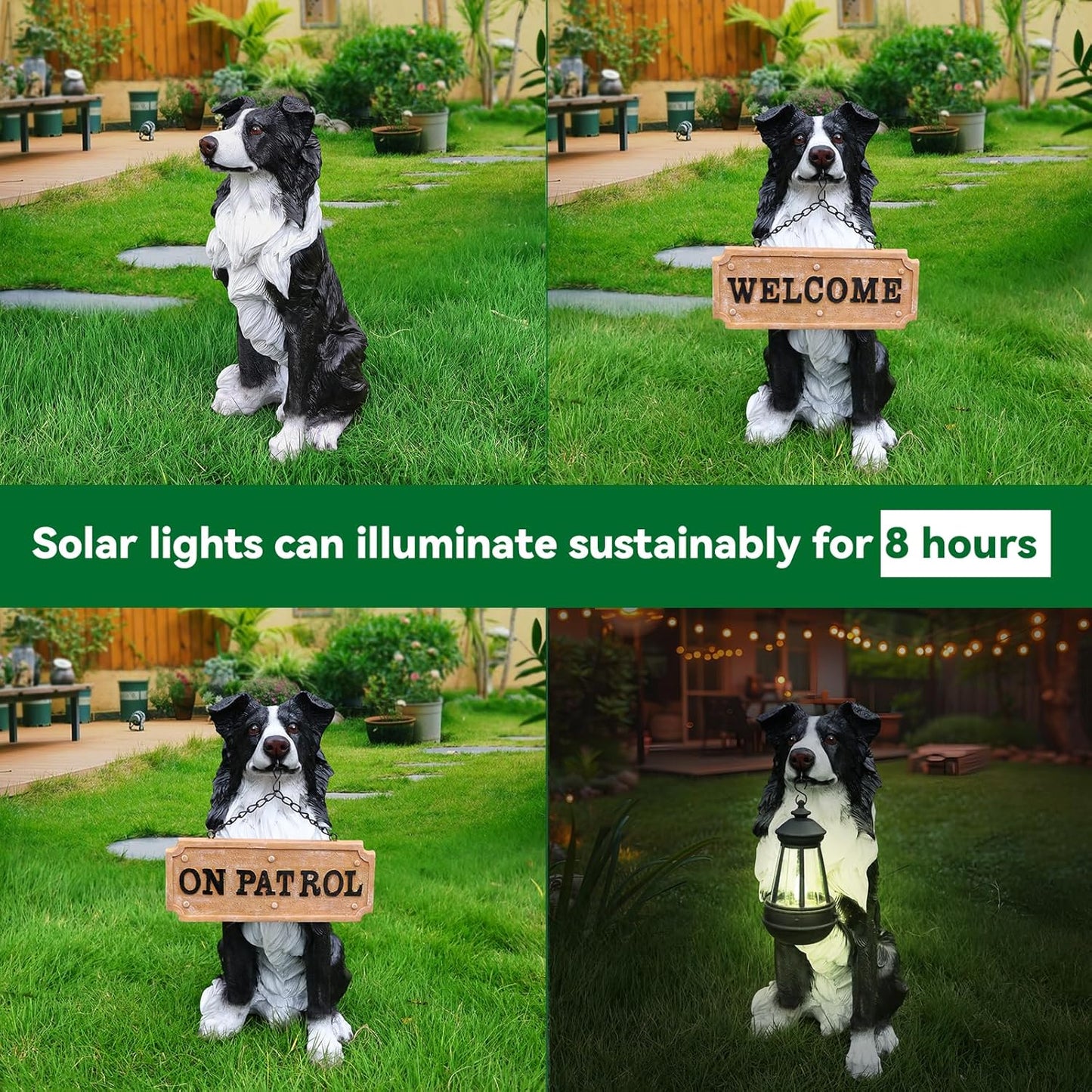 Border Collie Solar Welcome Statue, Hand-Painted Resin Sitting Dog Figurine with Lantern and Dual Wooden-Style Signs, Intelligent Guardian Sculpture for Garden and Porch Décor