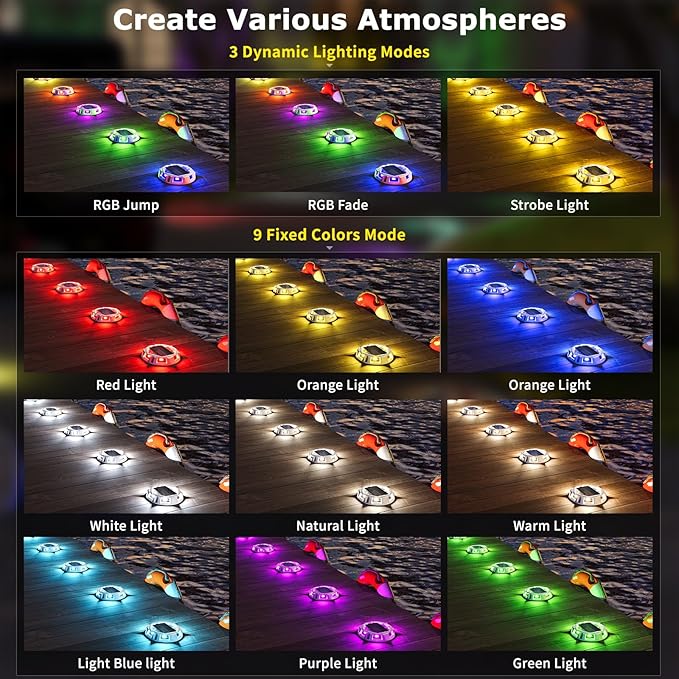 4Pack Aluminum Alloy Solar Driveway Lights, IP68 Solar Deck Light Marine Dock Lights Outdoor Waterproof, Multi-color LED Driveway Markers for Walkway, Path Decor [12Modes - Strobe/RGB/Fix-color]