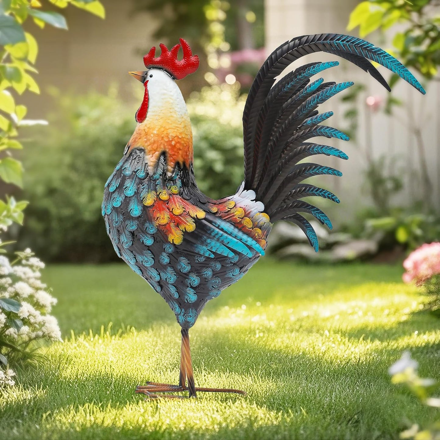 32in Metal Rooster Decor, Outdoor Garden Statues, Metal Chicken Sculpture for Backyard Patio Garden Kitchen Décor