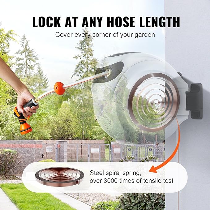 65' x 5/8" Retractable Hose Reel Wall-Mounted with 180° Swivel–Heavy-Duty Automatic Water Hose Storage for Garden,Yard,and Outdoor Use