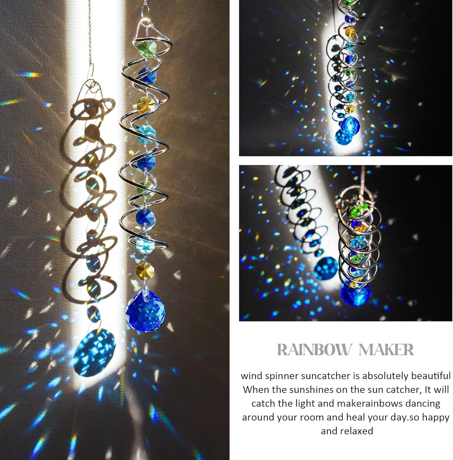 H&D HYALINE & DORA 20.5inch Gazing Ball Spiral Tail,Decorative Wind Spinner Sun Catcher,Rainbow Maker Double-Spiral W/Sea Blue Crystal Ball and Chain,Glass Crystals for Indoor Outdoor Decoration