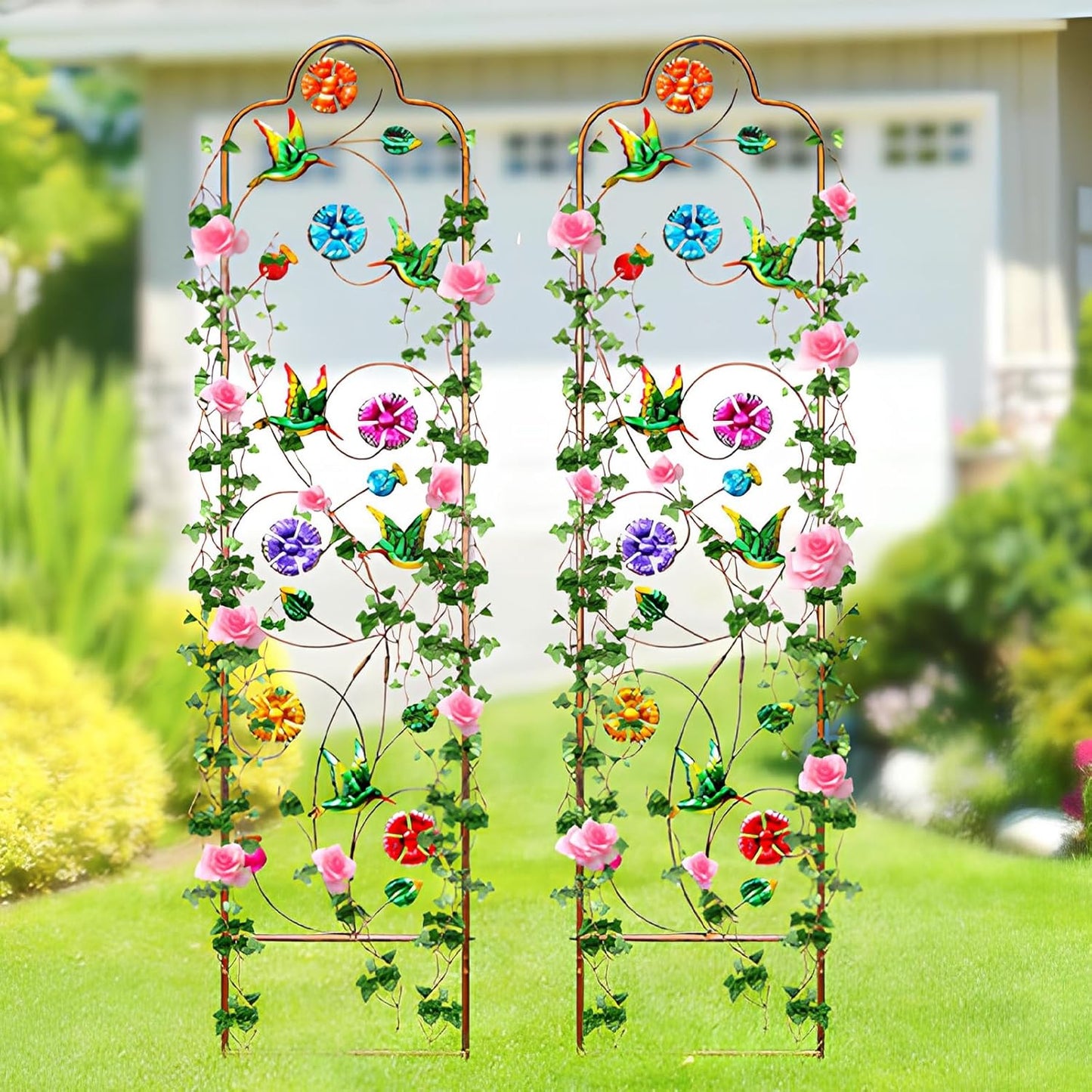 2-Pack Metal-Garden-Trellis Plant-Support-Trellises Outdoor-Decoration Arched-Fence-Trellis - for Climbing Plants Patio Lawn Yard Backyard Wall Brackets 60'' H x 12'' W Hummingbird