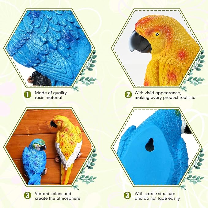 2 Pieces Parrot Decor Outdoor Tiki Bar Decorations Large Realistic Parrot Statues for Outside Lifelike Bird Sculptures Garden Patio Yard Lawn Figurines for Tropical Animal Tree Wall(Blue, Yellow)