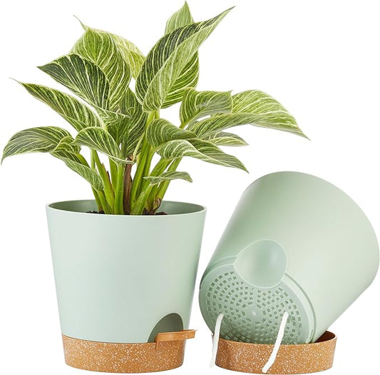 FaithLand 2-Pack 8 Inch Planter Pots for Indoor Outdoor Plants, Self Watering Flower Pots with Deep Reservoir, Green with Terracotta …