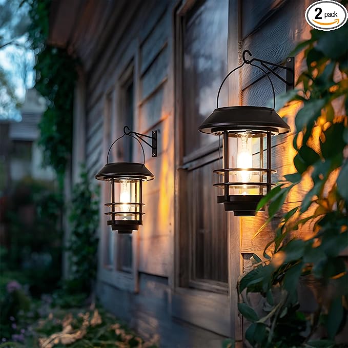 Otdair Solar Lantern Outdoor - 2 Glass Hanging Lights, Waterproof Wall Sconce, Decorative for Front Porch, Yard and Garden