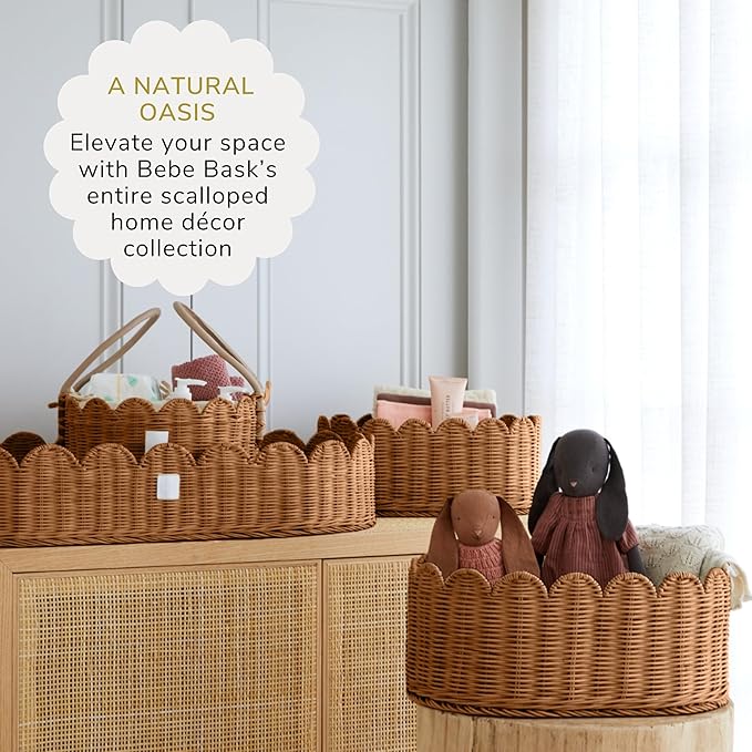 BEBE BASK Premium Scalloped Basket Set Of 2 - Scallop Basket - 16 x 10 x 7 Inch - Hand-Woven Elegant Wicker With Scalloped Edge - Nursery Storage (Mocca)