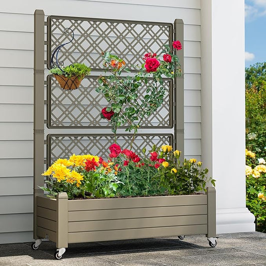 YITAHOME 3.6x1.5x5 FT Planter Box Trellis with Wheels, Large Outdoor Plastic Raised Garden Bed with Drain Plug for Climbing Plants, Light Brown
