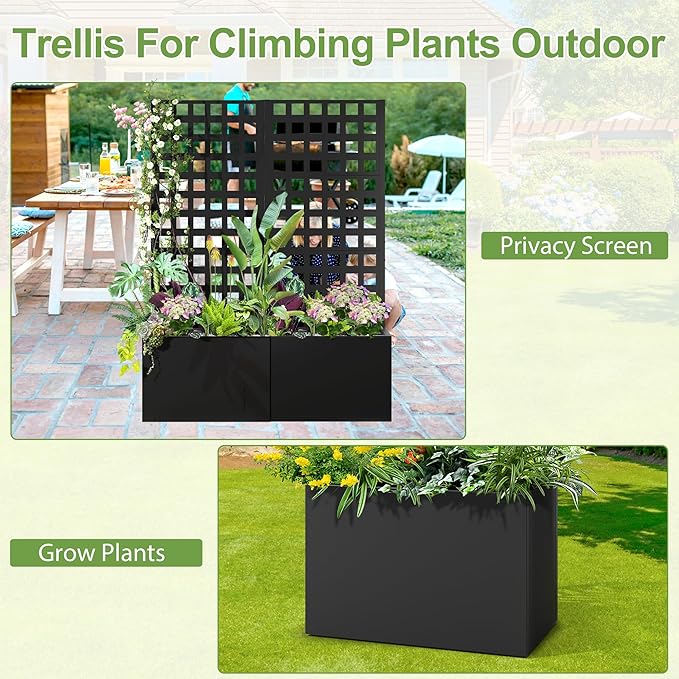 Metal Raised Garden Bed, Trellis Planters Bed with Drainage Holes for Climbing Plants, Vegetables Outdoor Privacy Screen with Planter Box 63"x24"x12", Black