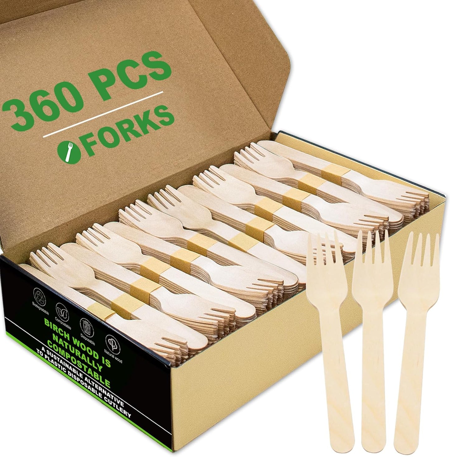 Disposable Wooden Forks – 360 Pcs Compostable Wooden Forks, Biodegradable Eco-Friendly Utensils Alternative to Plastic Cutlery for Parties, Weddings, Events & Camping