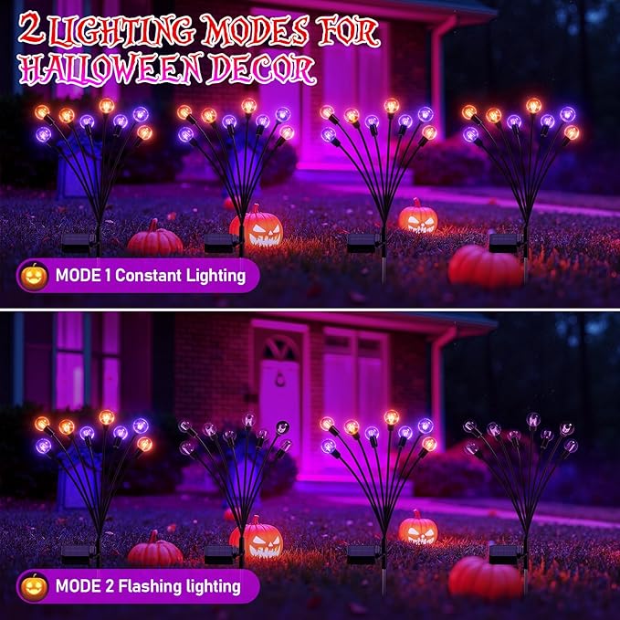4Pack Halloween Decorations Outdoor, KELME Purple & Orange 32 LED Swaying Solar Halloween Lights Outdoor, 2 Modes Outdoor Halloween Decorations Decor Halloween Solar Lights for Party Yard Garden