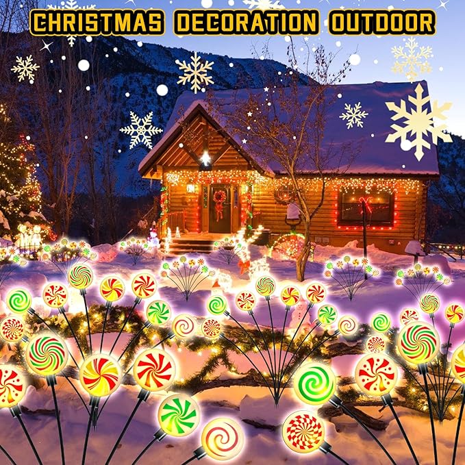 4 Pack 8 Patterns Christmas Decorations with 32 Lollipop Christmas Lights, Solar Christmas Lights Outdoor Waterproof with 8 Modes, Christmas Peppermint Candy Pathway Yard Decor for Garden/Lawn/Patio