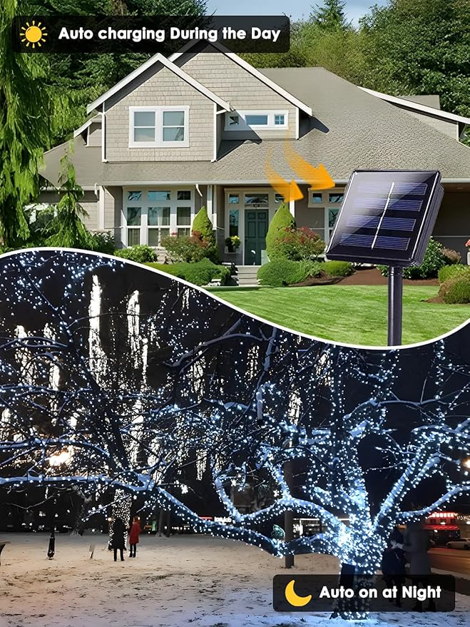 6 Pack 600 LED Solar String Lights for Outside, Solar Christmas Lights Outdoor Waterproof, Green Wire Twinkle Light with 8 Lighting Modes for Xmas Tree Wedding Party Garden Decorations (Cool White)