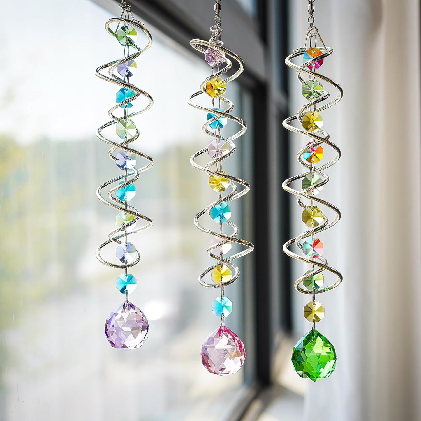 H&D HYALINE & DORA Set of 3 Crystal Sun Catcher for Window Hanging Double-Spiral Gazing Ball Spiral Tail Rainbow Maker Wind Spinners Outdoor for Garden, Patio, Porch, Christmas
