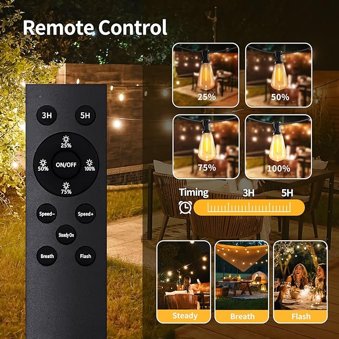 50ft Solar String Lights with Remote, 25+1 Bulbs Solar Patio Lights Outdoor Waterproof, Solar Powered Dimmable Deck Lights for Garden Porch Party