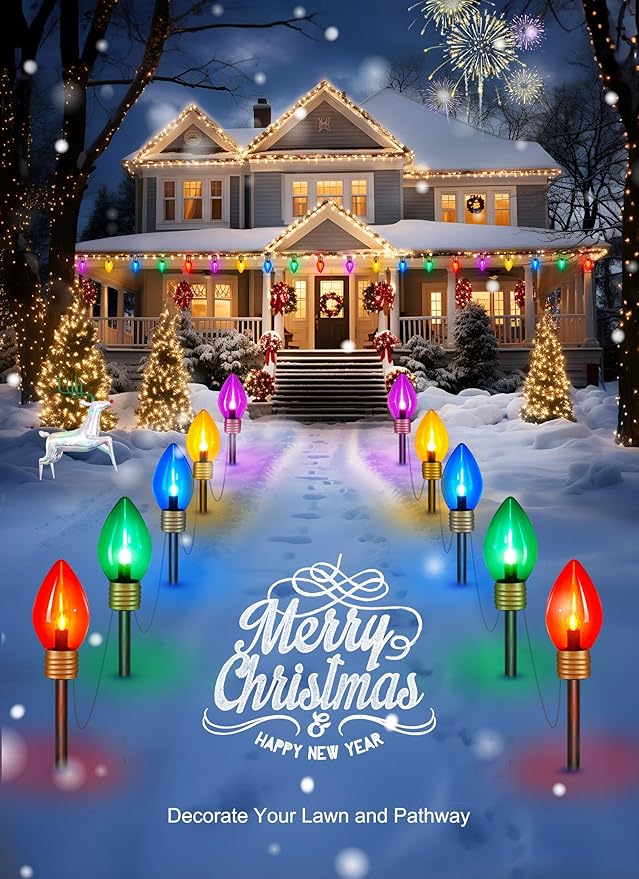 4 Pack Outdoor Christmas Decorations - Jumbo Xmas String Lights or Pathway Marker Lights - Large Multicolored Bulbs Hanging Lights Waterproof Lawn Decoration for Holiday Home Tree Roof Yard Garden