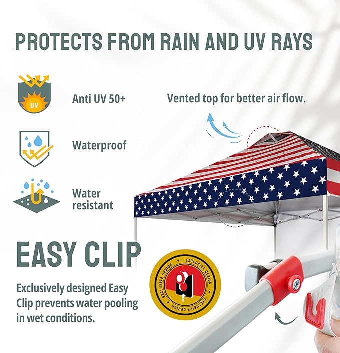 CROWN SHADES 10x10 Pop Up Canopy with 1 Side Wall - Beach Tent with One Push Setup - Outdoor Sun Shade for Events, Parties, Camping - Gazebo with STO-N-Go Cover Bag (American Flag)