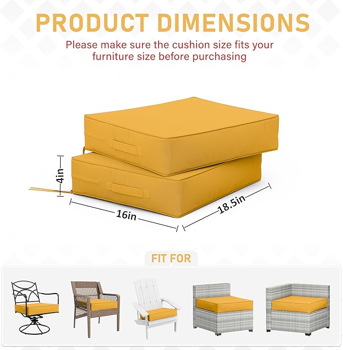 Patio Chair Cushions 18.5 X 16 X 4 Inch Waterproof Outdoor Seat Cushions for Patio Furniture, Outdoor Sofa Couch Pads with Ties & Handle, Set of 2, Yellow