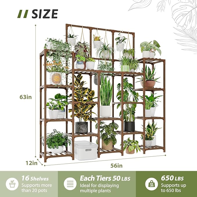 63'' Tall Plant Stand Indoor Outdoor 14-Tier Heavy Duty Plant Shelf for Plants Large Plant Stands for Living Room Garden Balcony Patio Hanging Planter Stand