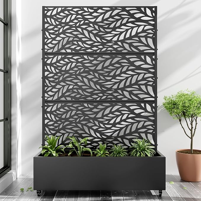 Casaphoria Metal Raised Garden Bed with Trellis and Wheels, 72"x47"x16" Planter Box for Climbing Plants, Vegetables & Vines, Features Drainage Holes and Privacy Screen (Black-Spring)