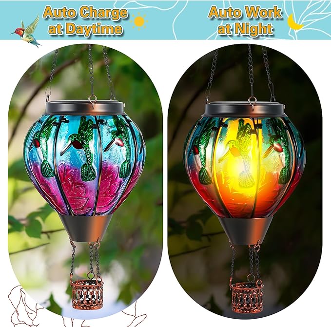 2 Pcs 20Inch Hummingbird Hot Air Balloon Hanging Solar Lantern Outdoor Garden Decor Waterproof Hot Air Balloon Flame Lantern for Lawn Porch Yard