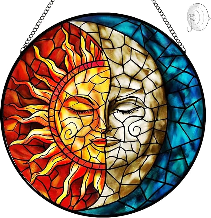 Sun and Moon Stained Glass Suncatchers for Windows Hanging - Celestial Decor Sun Catchers Valentines Day Gifts for Him Her - Handmade Wall Art Home Garden Stain Glass Window Suncatcher with Hooks