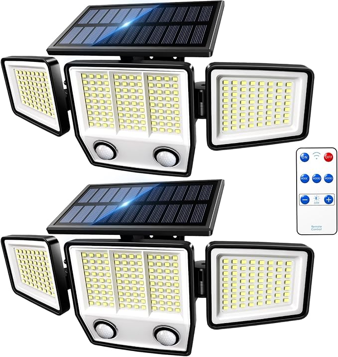 Solar Motion Sensor Outdoor Lights Waterproof - 3000LM 3 Modes Security Lights Outdoor 270° Illumination IP65 LED Flood Wall Light for Garden Yard Patio Pathway (2Pack+Remote Control)