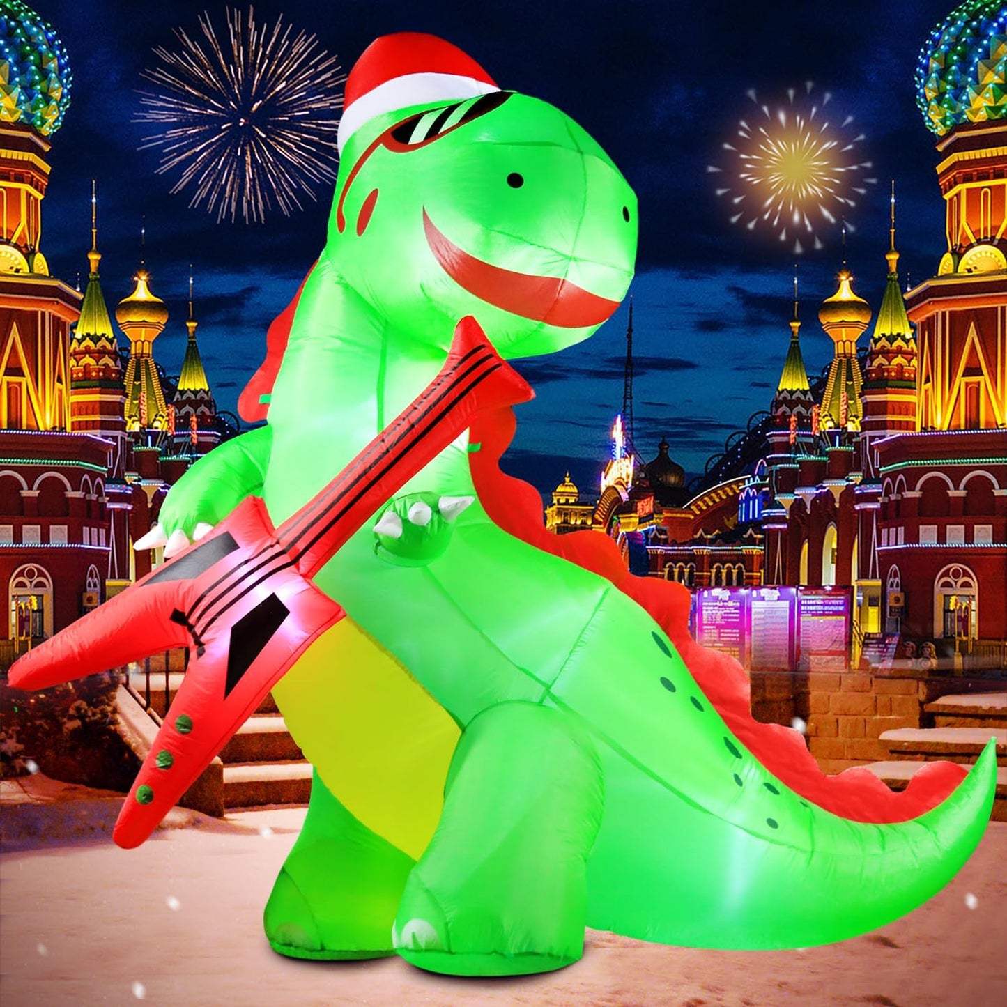 DomKom 8FT Christmas Inflatable Decorations Dinosaur with Guitar, Giant Outdoor LED Lights Holiday Blow up Rex Yard Decoration for Holiday Party Outdoor Garden Yard Lawn Winter Décor