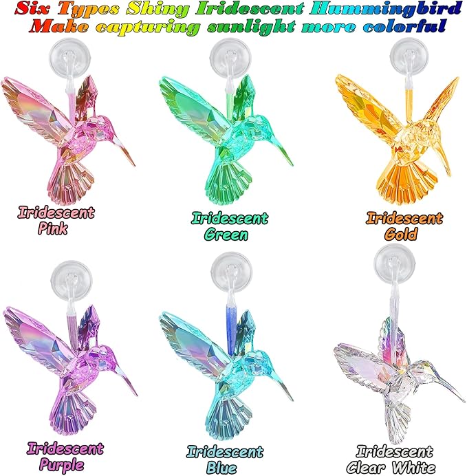 6 Pcs in 6 Colors Set Shiny Iridescent Hummingbird Hanging Ornaments with Suction Cup, Clear Acrylic Crystal Art Hummingbird Figurines Pendants Decorations for Christmas Xmas Tree.