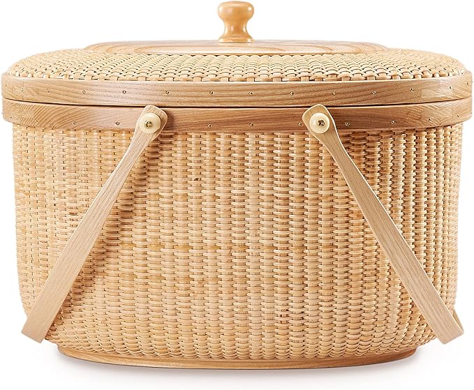Nantucket style basket Picnic Basket rattan Handmade Products woven Sewing storage basket Two swing handles Tote Bag For Women