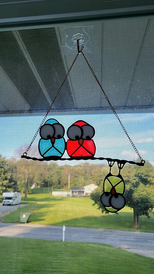 Multicolor Owls on a Wire High Suncatcher Panel, Bird Suncatcher for Windows Panels Hangings Hummingbird Glass Decoration for Wall Home Garden Decor Bird Owl Gift for Owl Lovers