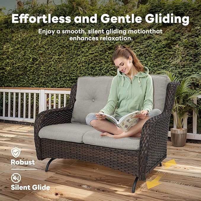 5 Piece Outdoor Patio Furniture Set - Outdoor Conversation Couch and Loveseat Glider Chair Furniture Set with Rattan Coffee Table for Deck Balcony Poolside Brown Wicker/Grey Cushions