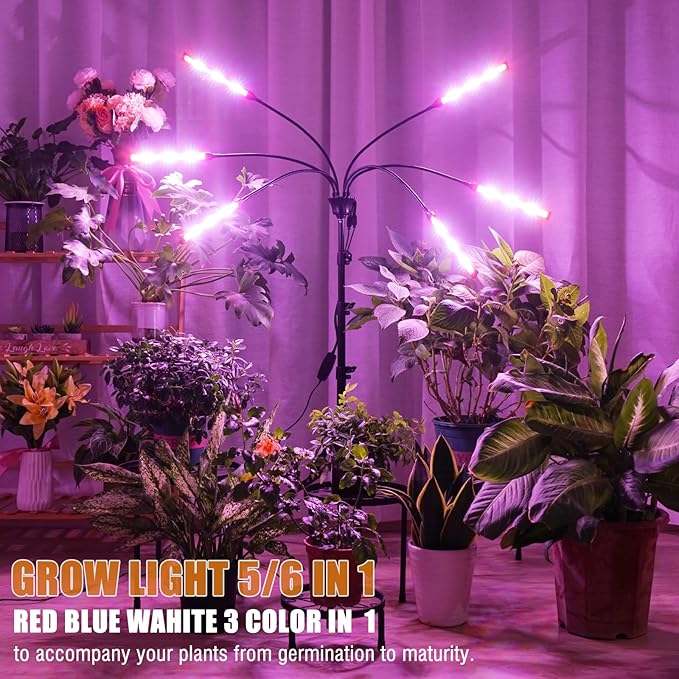 Grow Lights for Indoor Plants Full Spectrum with Stand and Timer, (Red+Blue+White) 6 Heads LED Plant Lights for Indoor Growing, Standing Floor House Plant Lamp for Seed Starting.