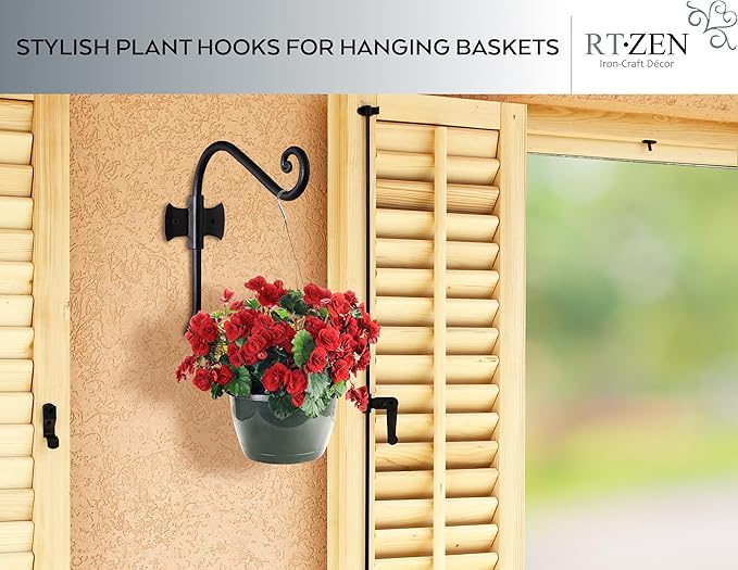 RTZEN Plant Hangers Outdoor or Indoor - Wrought Iron Metal Hanger Indoor Hook - Heavy Duty Wall Bracket Hooks for Hanging Plants Baskets Lanterns Wind Chimes - 2 Pack (Black Axe-Shape Hooks)