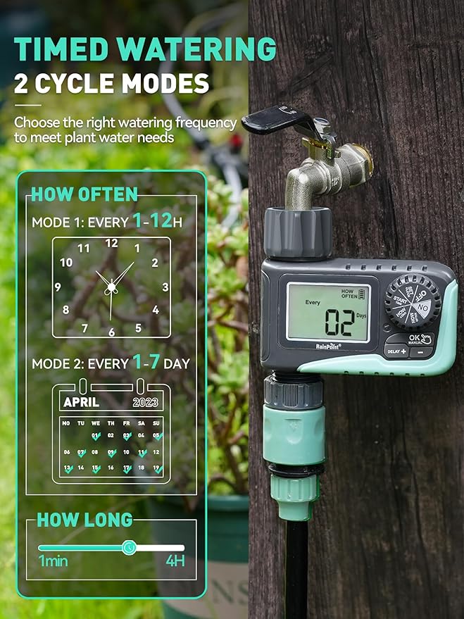 RAINPOINT Sprinkler Timer, Programmable Water Timer for Garden Hose, Outdoor Soaker Hose Timer with Rain Delay/Manual/Automatic Watering System, Digital Irrigation Timer for Yard, Lawn, 1 Outlet