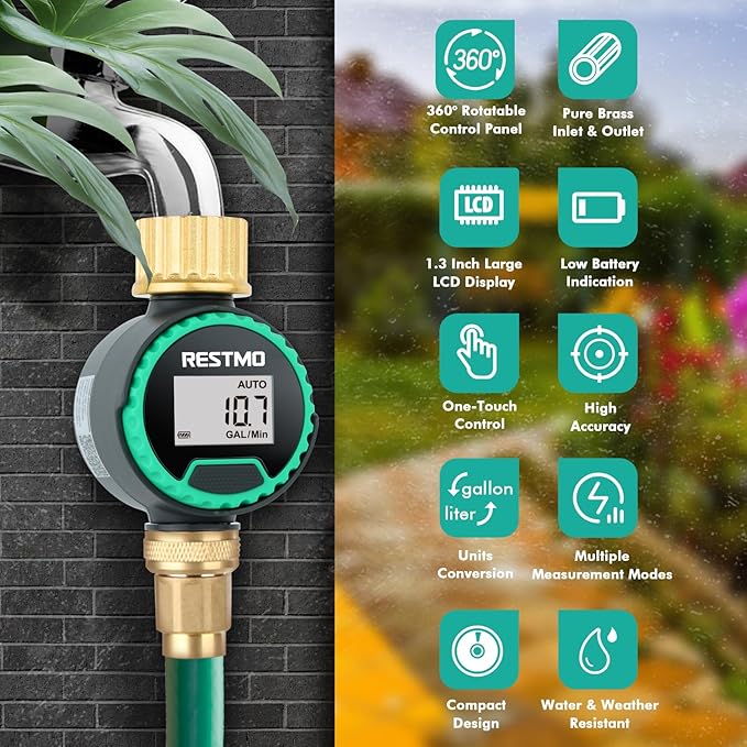 [2 Pack] RESTMO Water Flow Meter, 360° Rotatable Control Panel and Brass Inlet & Outlet, Measure Gallon/Liter Consumption and Flow Rate, for Garden Hose Nozzle Watering, RV Water Tank Filling