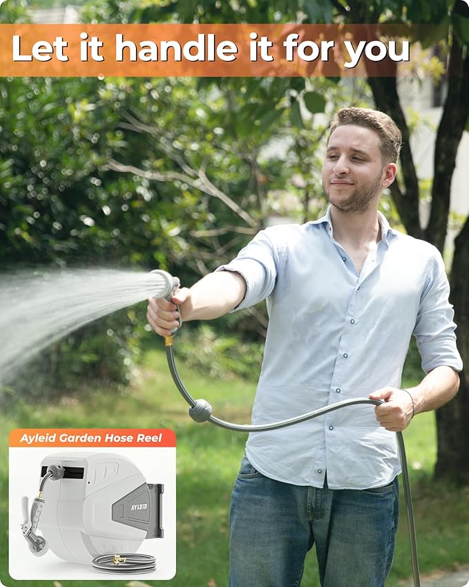 Ayleid Retractable Garden Hose Reel,5/8 in x 100 FT Wall Mounted Hose Reel, with 9- Function Sprayer Nozzle, Any Length Lock/Slow Return System/Wall Mounted/180°Swivel Bracket (Grey)