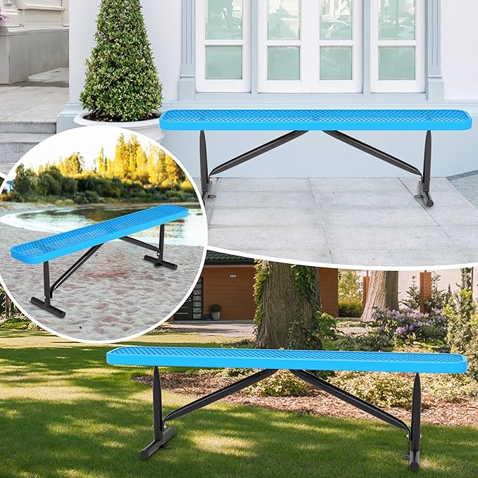 48" L Outdoor Steel Flat Bench, Heavy Duty Metal Park Bench for Outside, Expanded Metal, Commercial Benches Mesh Bench for Shopping Mall, Store, Lawn, Park, Patio, Deck, Garden (Blue, 6FT)