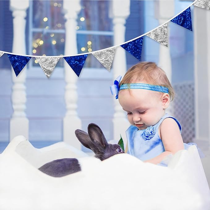 Pinkblume Silver Blue Double Sided Sequin Fabric Triangle Pennant Banner Flag Bunting Garland for Nautical Ahoy Anchor Theme Nursery Home Classroom Wall Decor