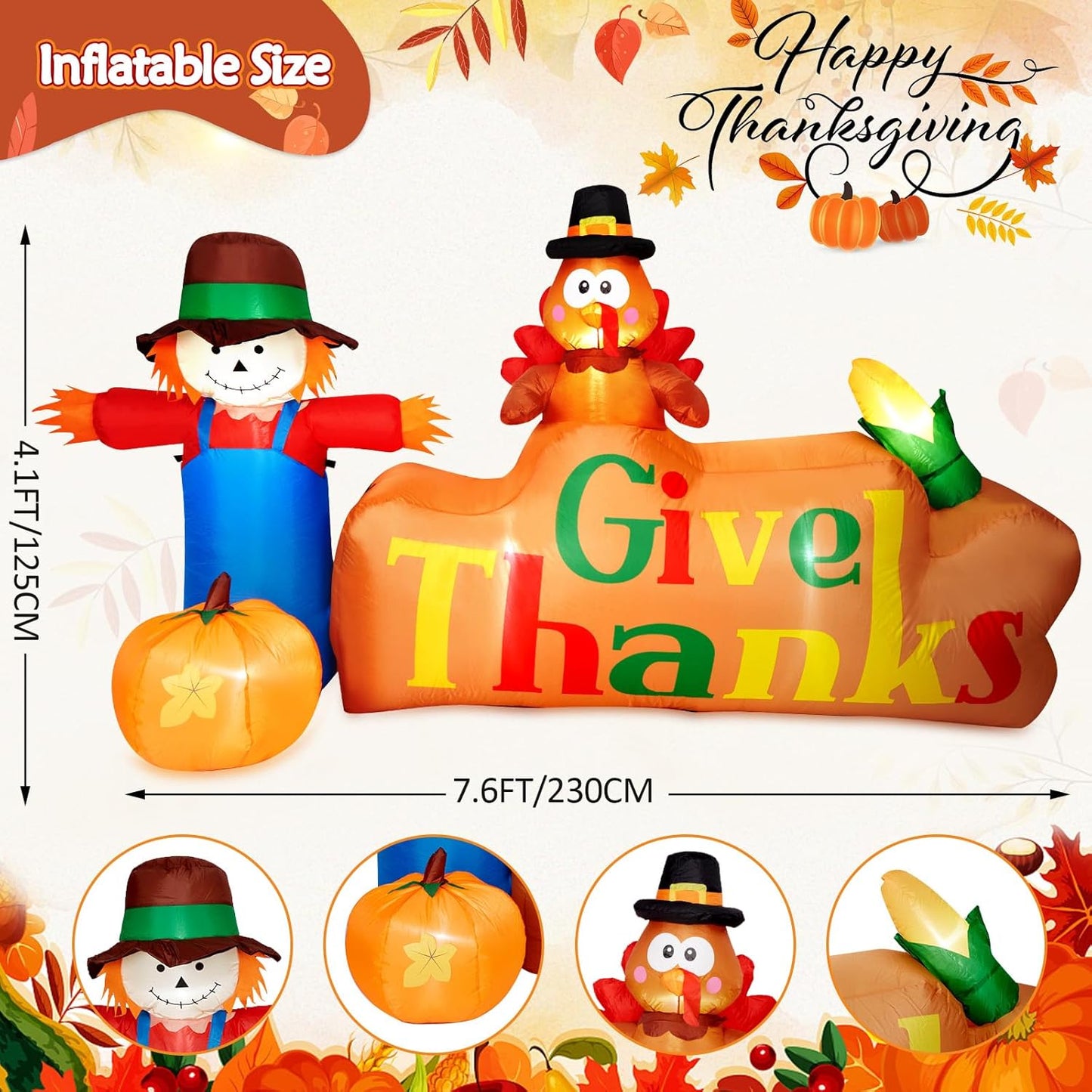 CAMULAND 8Ft Autumn Outdoor Built-in LED Inflatable Scarecrow and Turkey – Thanksgiving Inflatable Decorations Great for Home, Yard, Lawn – Warm Blow Up Décor for Fall Harvest Party