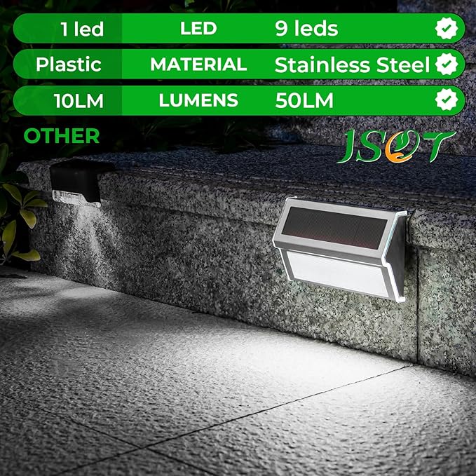 JSOT Solar Step Stair Lights Outdoor Yard Decor 8 Pack, 9LED Deck Lighting for Outside Solar Powered - IP55 Waterproof, Solar Garden Light Decor for Fence, Backyard, Front Porch Step, Wall, Patio