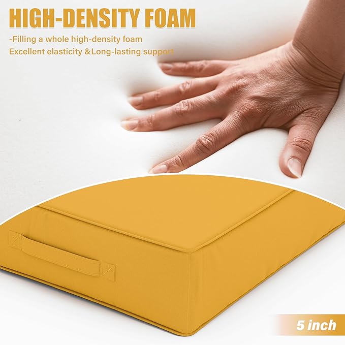 Patio Chair Cushions 24 X 24 X 5 Inch Waterproof Outdoor Seat Cushions for Patio Furniture, Outdoor Sofa Couch Pads with Ties & Handle, Set of 2, Yellow