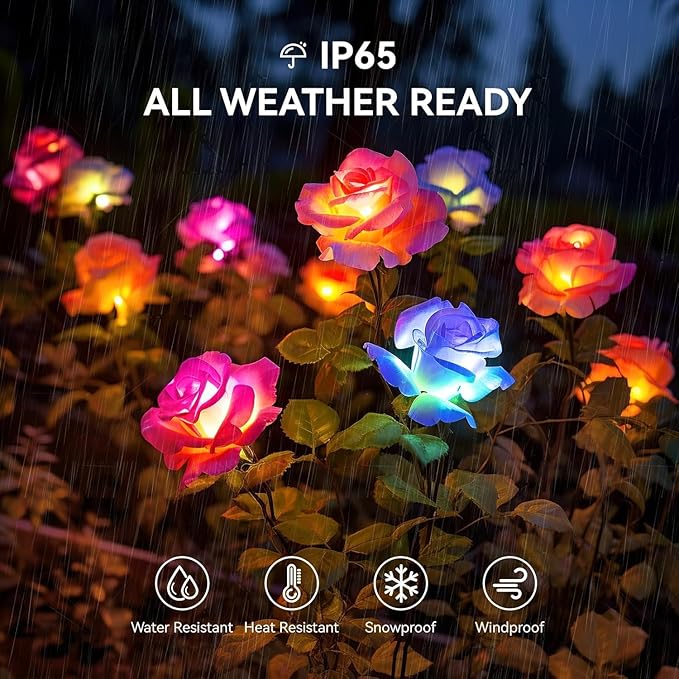 3 Pack Solar Garden Lights Outdoor, Solar Lights Outdoor IP65 Waterproof, 7 Color Changing Solar Powered Flowers Rose Lights for Outside Patio Yard Pathway