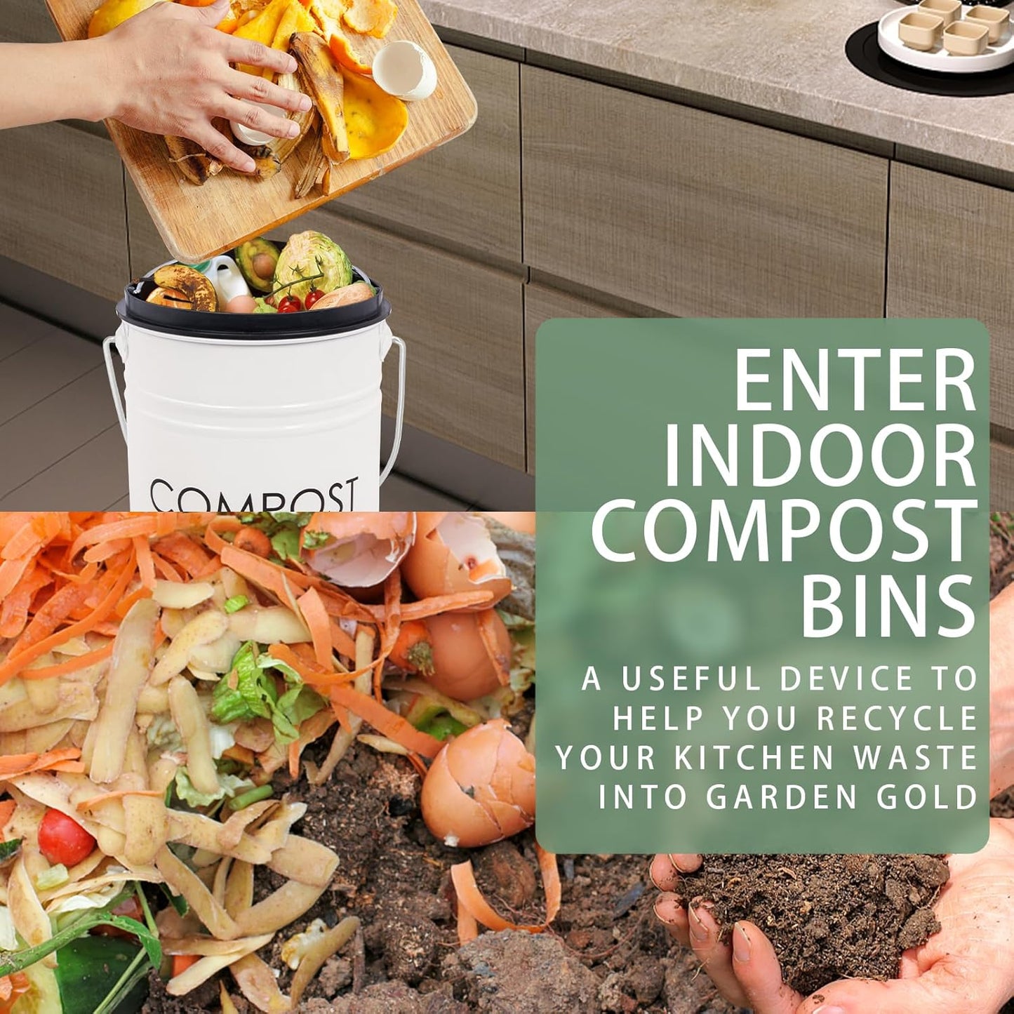 Vipush Compost Bin with Lid Small Countertop Compost Bin includes Inner Liner & 3 Charcoal Filters, White