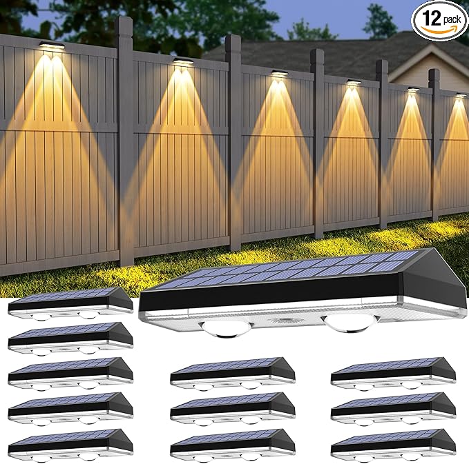 Solar Fence Lights,Warm White & Cold White & Mixed Color 3 Modes Bright Lens LED Dusk to Dawn Deck Light, Outdoor Waterproof,Solar Outdoor Lights for Backyard/Railing/Wall (12Pack)