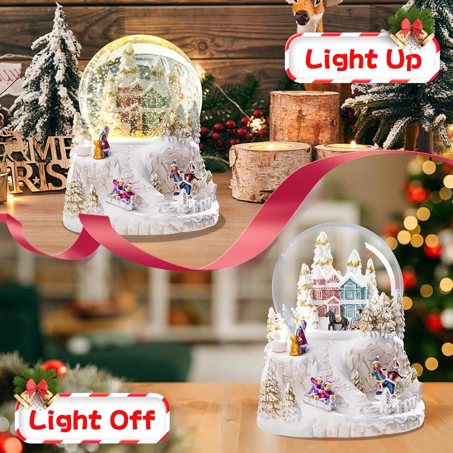 MUMTOP Christmas Snow Globes, Musical Snow Globes, White Christmas Lanterns Snow Globe Snowglobes with House,Dancing Kids,Children Skiing on Sledges and Snowman for Christmas Birthday Gift