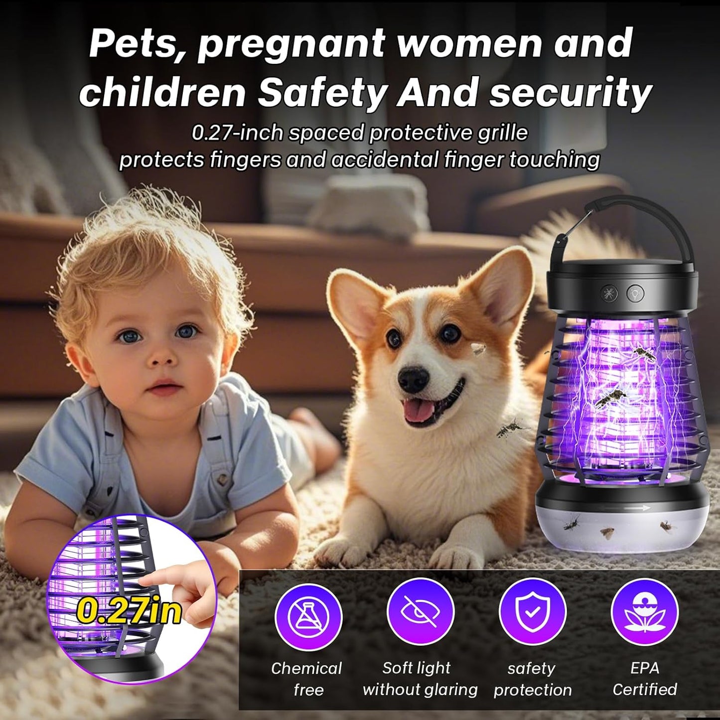 Upgraded Electric Fly Zapper,3 in 1 Bug Zapper Outdoor & Indoor, Electric Mosquito Killer Lamp with 2000V Grid & On/Off Switch, Mosquito Traps for Kitchen, Patio, Backyard, and More (Black)