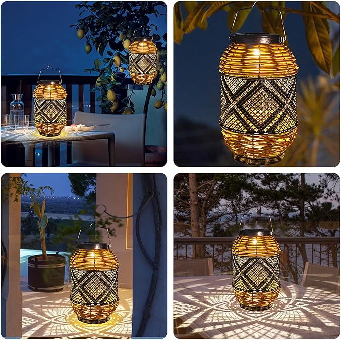 2 Pack Solar Lanterns Outdoor Waterproof,Rattan with Metal Hanging Solar Lights Boho Lanterns Decorative Lights with Handle for Patio Pathway Courtyard Tree Garden Yard Fence