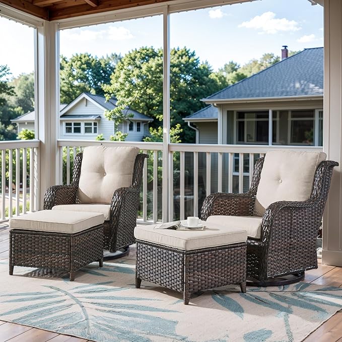 4 Pieces Patio Furniture Sets, Wicker Patio Swivel Glider Chair with Ottomans, Outdoor Furniture Set for Outside Porch, Deck, Balcony, Garden Brown