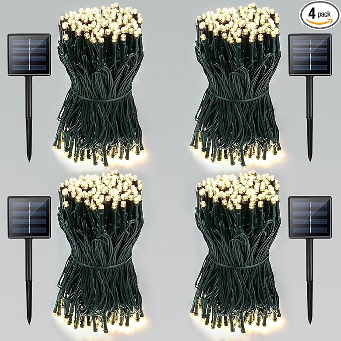 4-Pack Total 800 LED Solar String Lights for Outside, Solar Christmas Lights Outdoor Waterproof, Green Wire Solar Tree Lights with 8 Lighting Modes for Xmas Wedding Party Garden Decoration(Warm White)